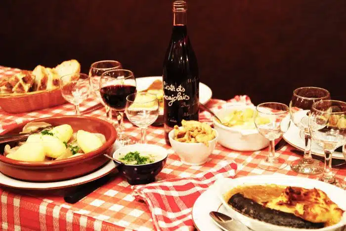 a typical resaurant table in a restaurant in Lyon, france