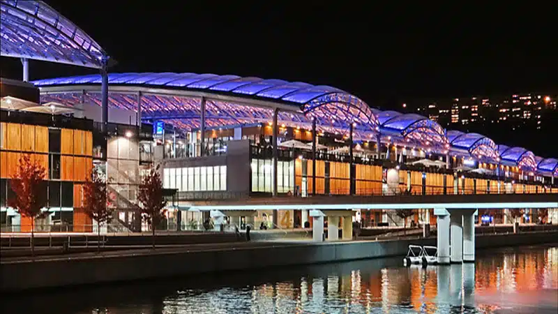 Lyon Confluence shopping center by night